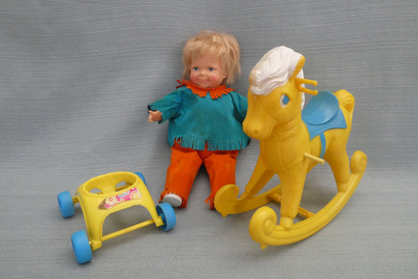 Ideal 1968 Sister Thumbelina (Works!) with Rocking Horse and Walker