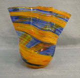 Yellow and Blue Ribbon 6.5" Blown Glass Vase