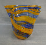 Yellow and Blue Ribbon 6.5" Blown Glass Vase