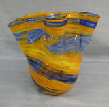 Yellow and Blue Ribbon 6.5" Blown Glass Vase