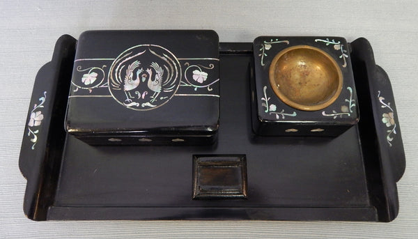 Vintage Mother of Pearl Inlay Black Lacquer Desk Set