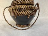 Woven Rattan and Carved Wood Basket