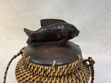 Woven Rattan and Carved Wood Basket
