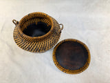 Woven Rattan and Carved Wood Basket