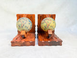 Hand Carved Wood Bookends with Old World Globes