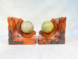 Hand Carved Wood Bookends with Old World Globes