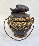 Woven Rattan and Carved Wood Basket