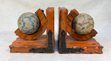 Hand Carved Wood Bookends with Old World Globes