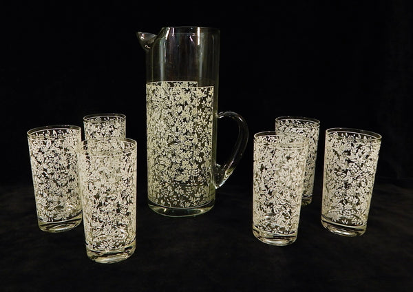 Vintage White Floral Pitcher with 6 Tumblers