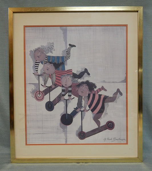 Graciela Boulanger Large Framed Print "Les Trotinettes" (The Scooters) - Very Good Condition as Noted