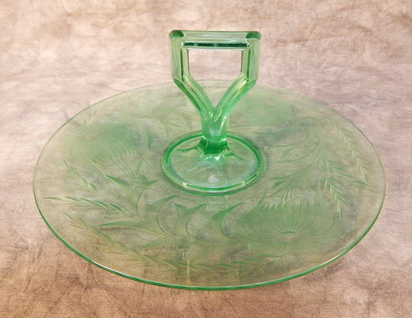 Green Uranium Glass Serving Platter with Handle