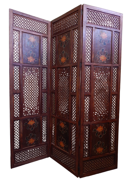 Vintage Carved Wood Folding Screen with Lattice Pattern