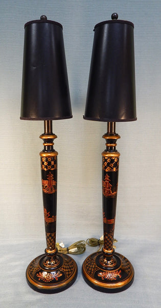 Tall Slim Chinese Painted Wood Table Lamps