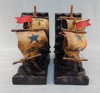 Vtg. Wooden Sailing Ships with Canvas Sails Bookends