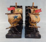 Vtg. Wooden Sailing Ships with Canvas Sails Bookends