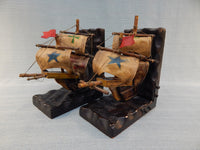 Vtg. Wooden Sailing Ships with Canvas Sails Bookends