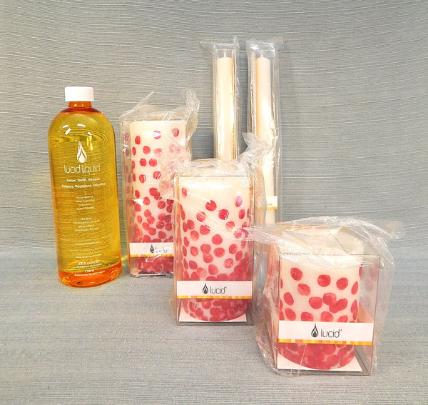 Lucid Liquid Red Polka Dots Candle Set - 5 Refillable Candles + Liquid - Brand New!