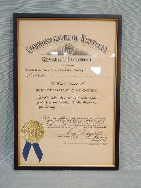 Vintage Kentucky Colonel Commission Framed Certificate, signed by Gov. Breathitt