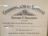 Vintage Kentucky Colonel Commission Framed Certificate, signed by Gov. Breathitt