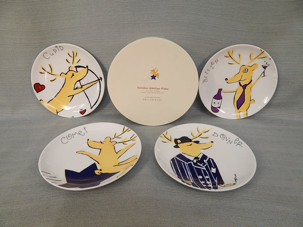 Pottery Barn Reindeer Appetizer Plates - Set of 4 (Comet, Cupid, Donner and Blitzen)