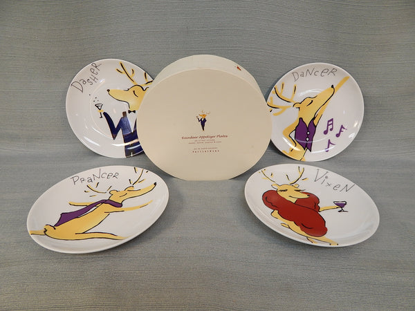 Pottery Barn Reindeer Appetizer Plates - Set of 4 (Dasher, Dancer, Prancer & Vixen)