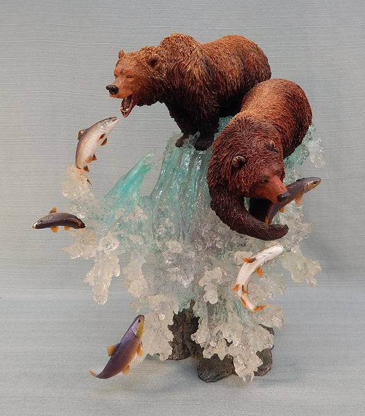 Grizzly Bears Catching Salmon at Falls 17" Sculpture