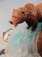 Grizzly Bears Catching Salmon at Falls 17" Sculpture