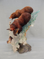 Grizzly Bears Catching Salmon at Falls 17" Sculpture