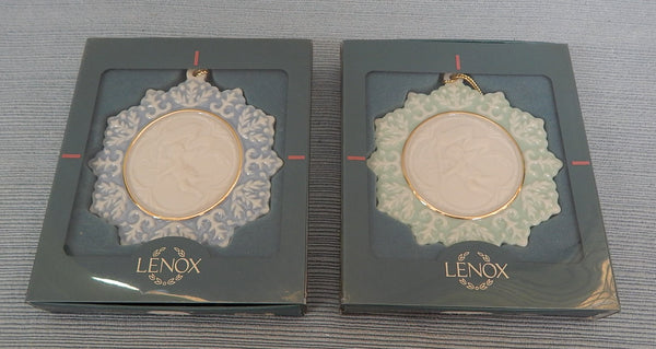 Lenox Cherub Cameo Collection Ornaments - Blue & Green - Lot of 2 -Brand New!