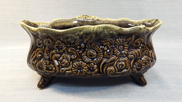 Hull Pottery Dark Green and Brown Footed Planter No. B34