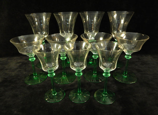 Tiffin Franciscan Green Uranium Stemmed Glasses - Lot of 11