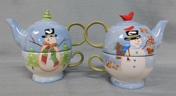 Mesa International Snowman Stackable Teapots with Cups - 2 Sets - Brand New!