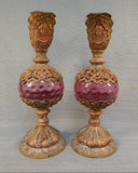 Pair of Victorian Brass and Cranberry Glass Ewers