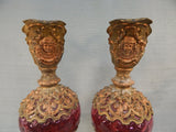 Pair of Victorian Brass and Cranberry Glass Ewers
