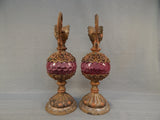 Pair of Victorian Brass and Cranberry Glass Ewers
