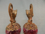 Pair of Victorian Brass and Cranberry Glass Ewers