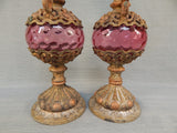 Pair of Victorian Brass and Cranberry Glass Ewers