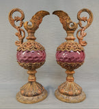 Pair of Victorian Brass and Cranberry Glass Ewers