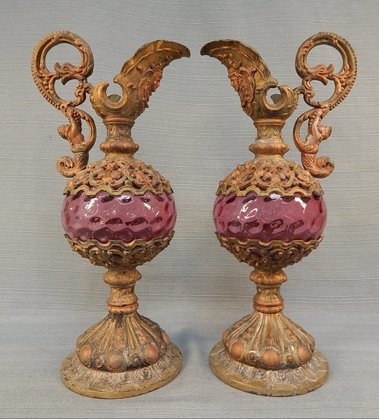 Pair of Victorian Brass and Cranberry Glass Ewers