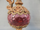 Pair of Victorian Brass and Cranberry Glass Ewers