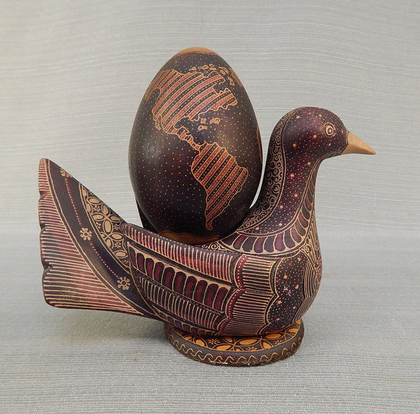 Hand-Painted Wooden Bird with World Egg