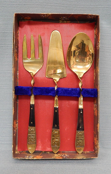 Vintage Thai Wood and Brass Serving Set