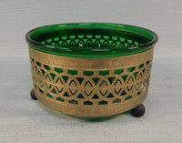 Green Glass Bowl in Metal Lattice Stand