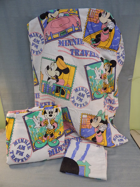 Vintage Walt Disney Minnie Travels Twin Sheet Set - 2 Pillow Cases, 1 Fitted Sheet, 1 Flat Sheet