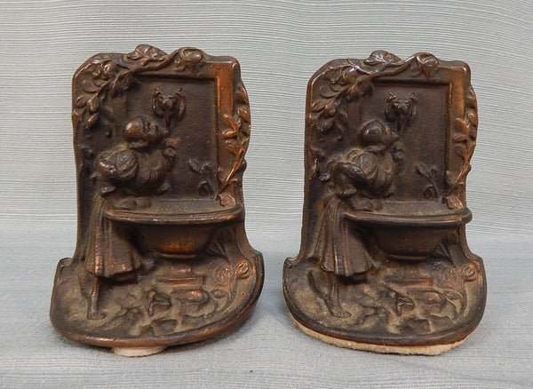 Vintage Woman at Fountain Cast Iron Bookends