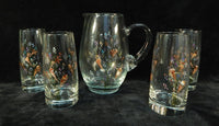 Lozier Glass Hand Painted Pitcher and 4 Glasses