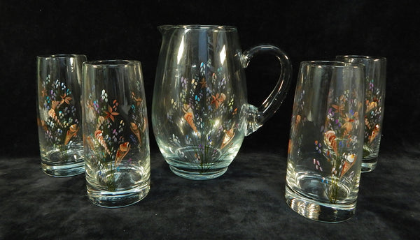 Lozier Glass Hand Painted Pitcher and 4 Glasses