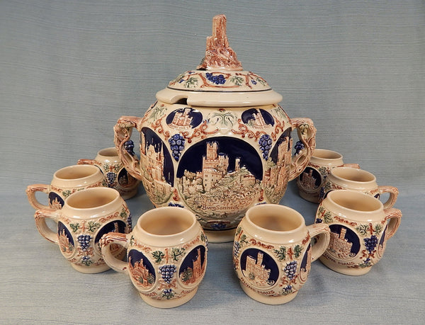 Vintage German Castles Punch Bowl with 8 Cups