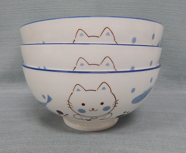 Cheng's Happy Blue Cat & Fish 8" Bowls - Set of 3