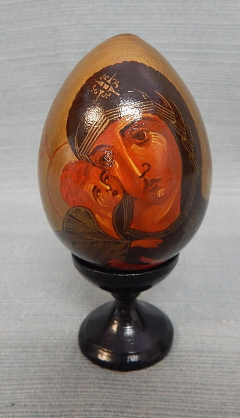 Russian Madonna and Child Wooden Egg with Stand